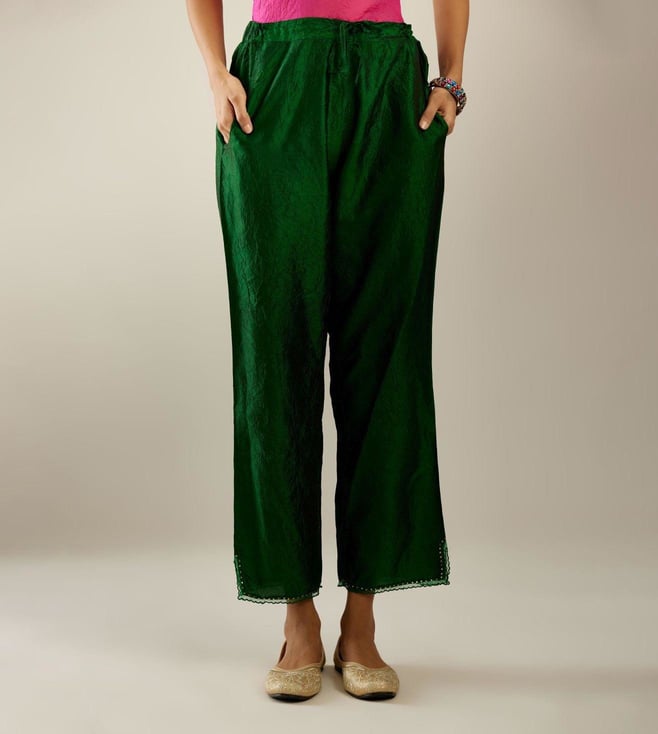 Buy Bottle Green Solid Straight-Fit Cotton Pant Online in India -Beyoung