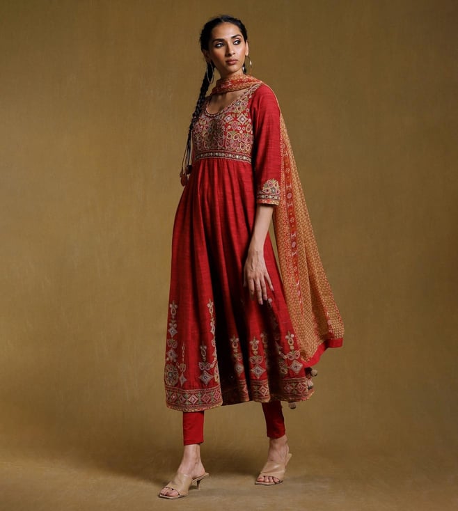 Buy Ritu Kumar Red Embroidered Kurta with Legging and Dupatta for Women
