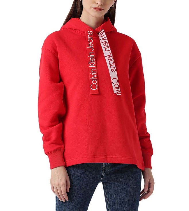 Buy Calvin Klein Jeans Candy Apple u0026 Bright White Logo Hoodie for Women  Online @ Tata CLiQ Luxury