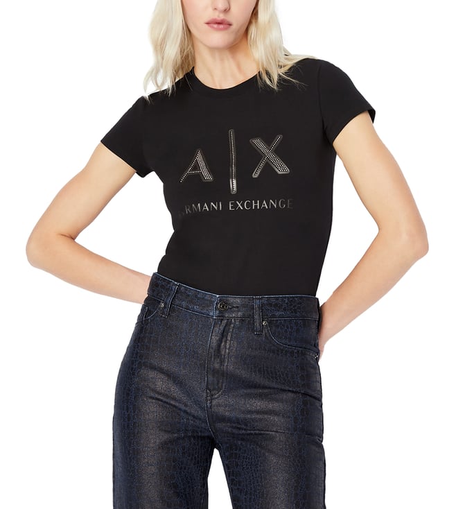 Buy Armani Exchange Black Sequins Logo Slim Fit T-Shirt for Women Online @  Tata CLiQ Luxury