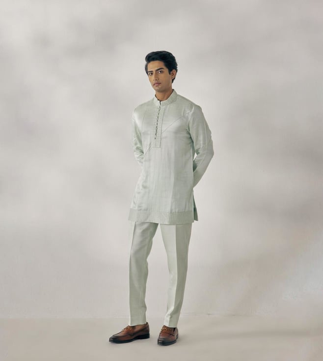 Buy Asymmetric Panelled Nehru Jacket with Asymmetric Kurta and Trousers by  QBIK MEN at Ogaan Online Shopping Site