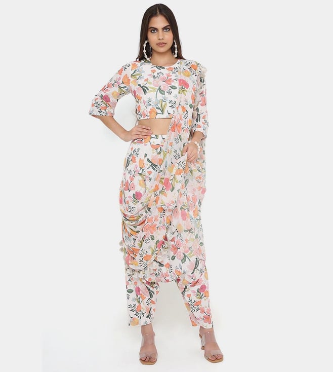 Off white cotton chanderi short top with heavy appliqué highlighted w   Kora India