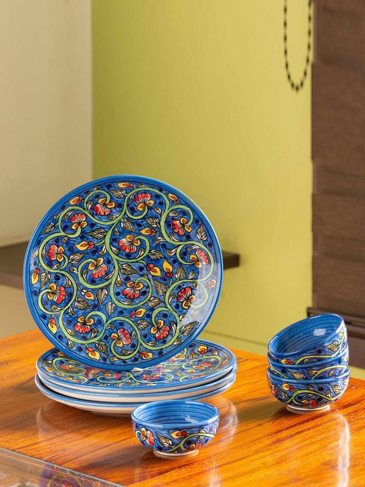 Hand-Painted Ceramic Dinner Plates With Katoris (8 Pieces, Serving for 4, Microwave  Safe)