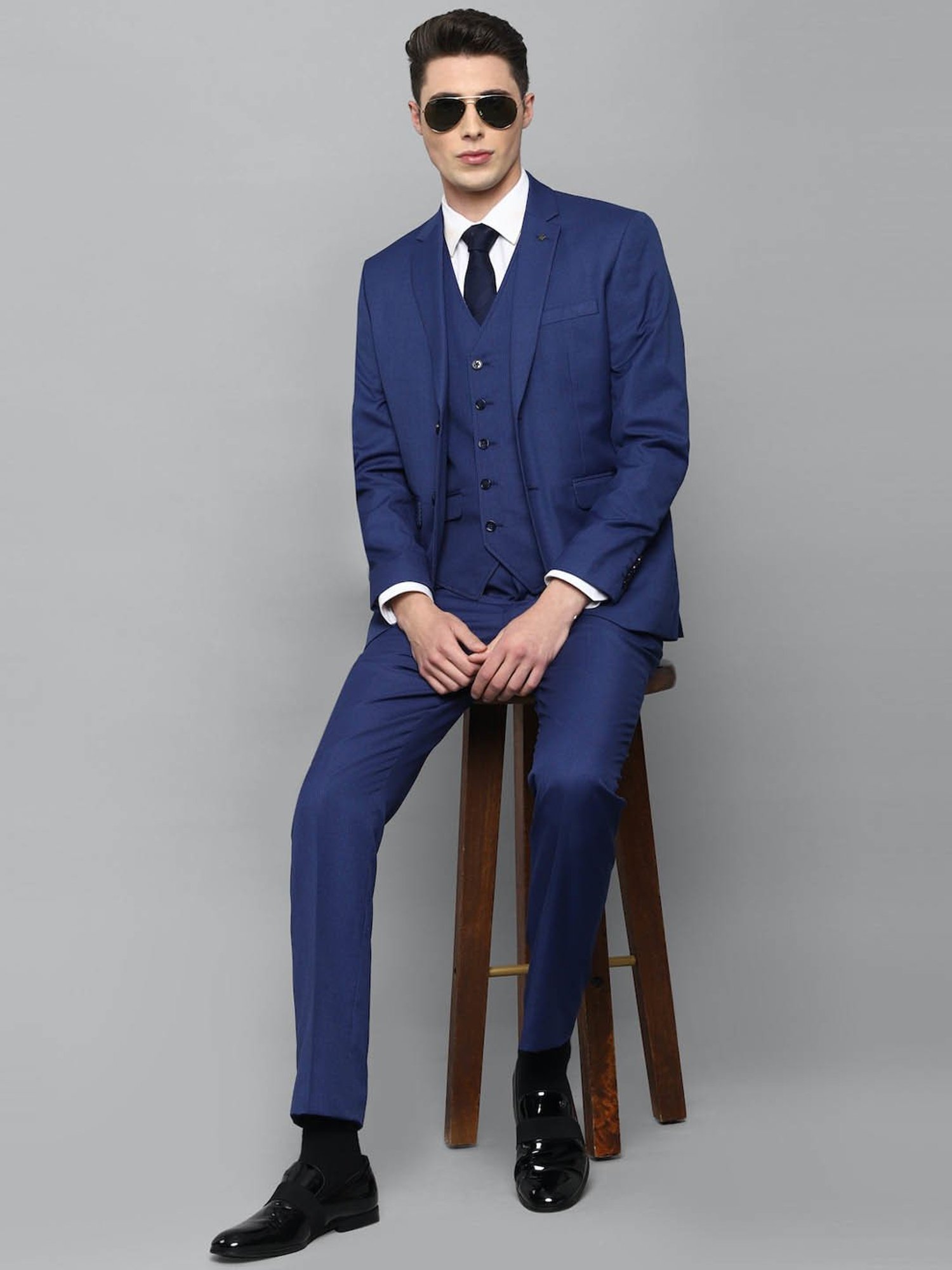 Louis Philippe Blue Slim Fit Checks Three Piece Suits