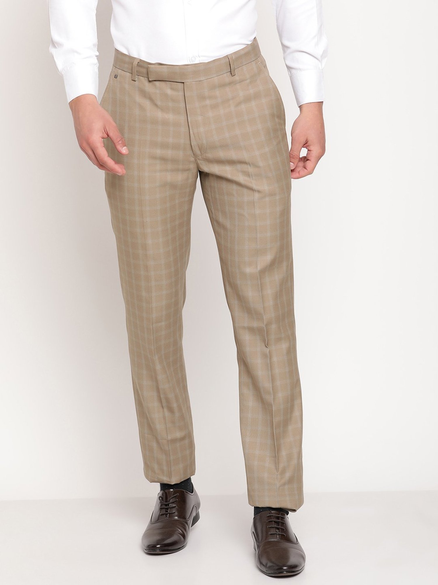 Buy Cantabil Beige Regular Fit Checks Flat Front Trousers for Mens Online @  Tata CLiQ