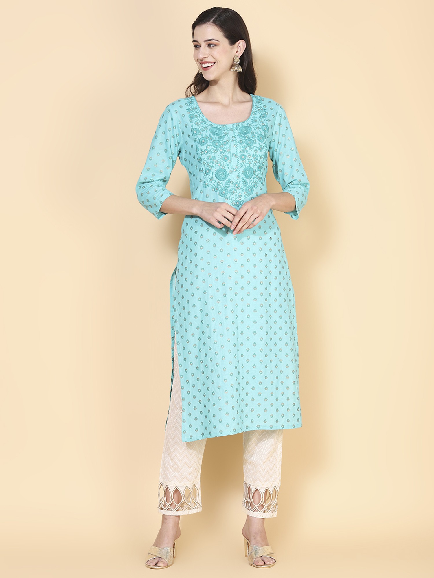 Buy Fashor Turquoise Cotton Embroidered Straight Kurta for Women Online @  Tata CLiQ
