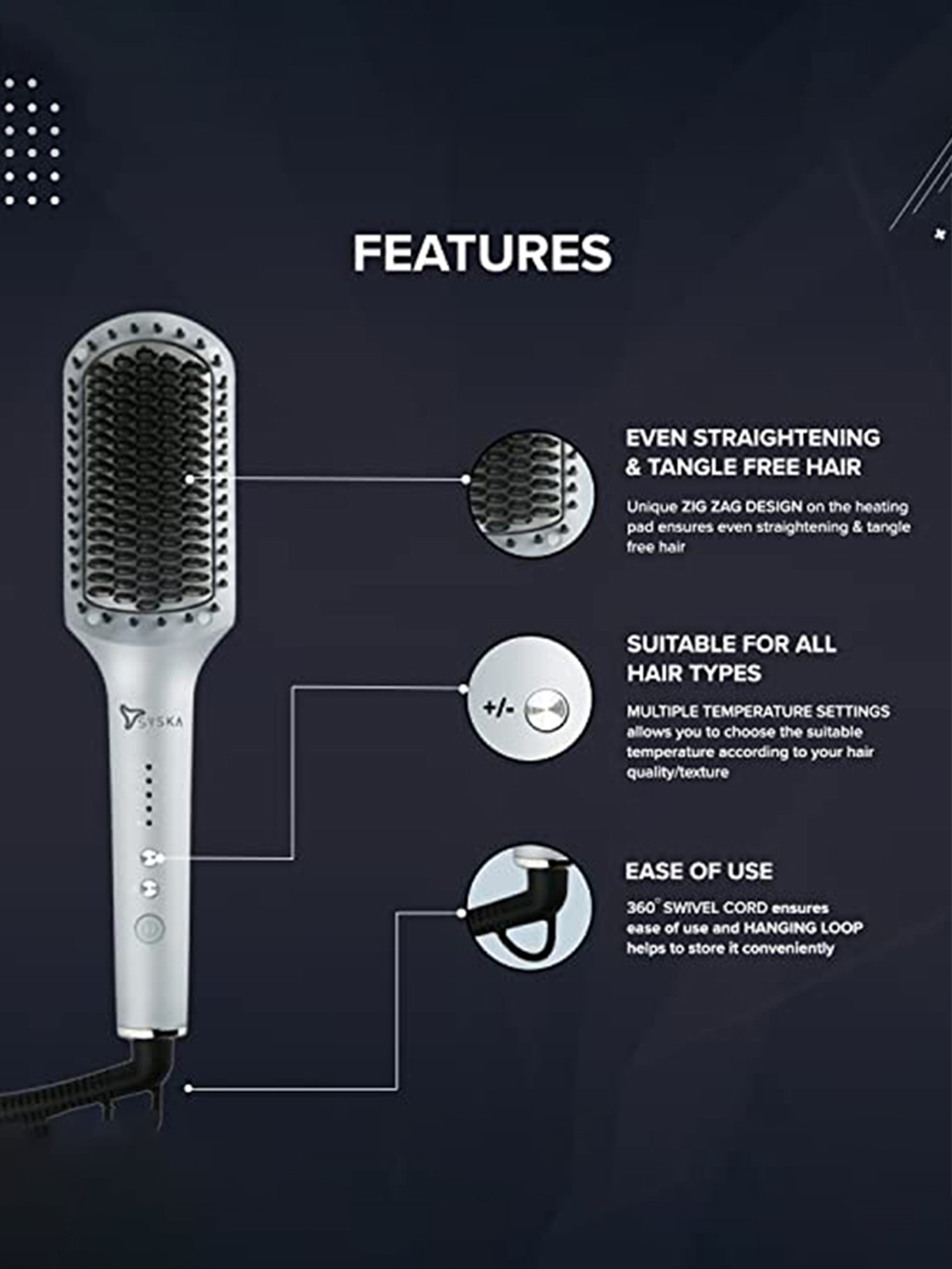 Syska HBS300 Salon Finish Hair Straightening Brush for Women with Ceramic  Tourmaline Coated Heating Plate, 4 Temperature Settings for Varied Hair  Types, Intelligent Memory Function, PTC Heating, 2 Year Warranty :  Amazon.in: Beauty