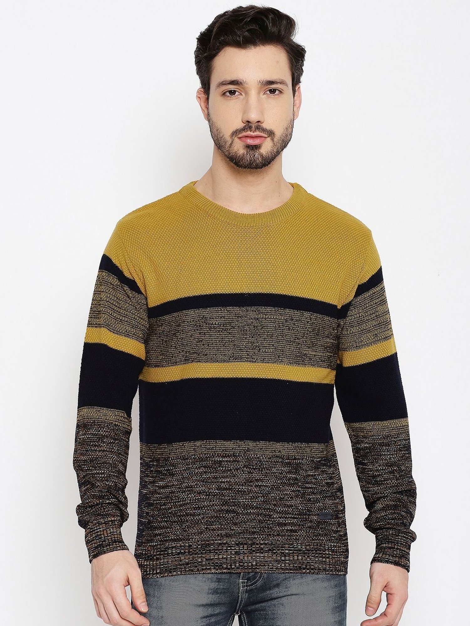 Buy Duke Mustard u0026 Black Regular Fit Self Pattern Sweater for Mens Online @  Tata CLiQ