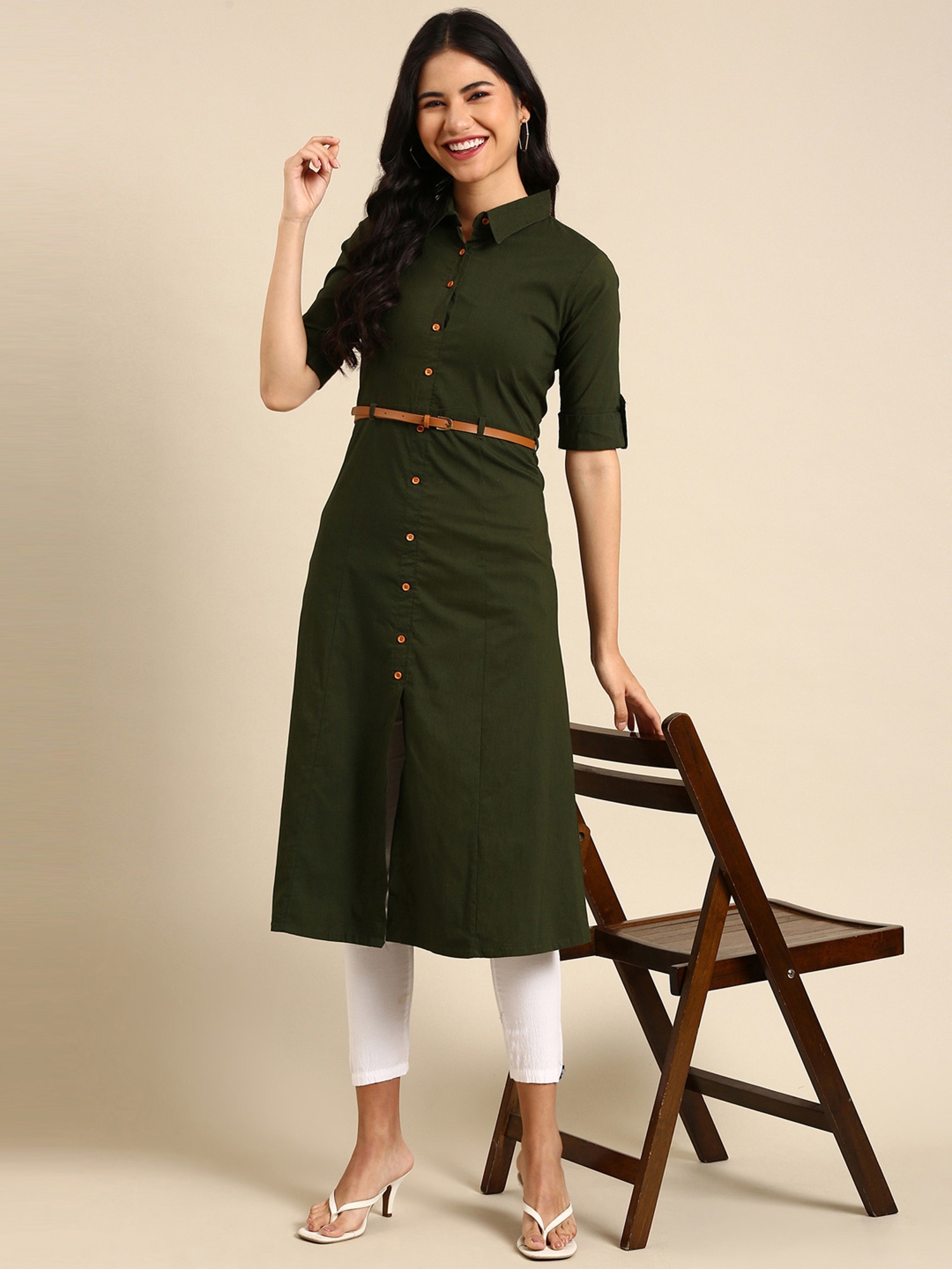 Solid Color Rayon Kurta with Palazzo in Dark Olive Green