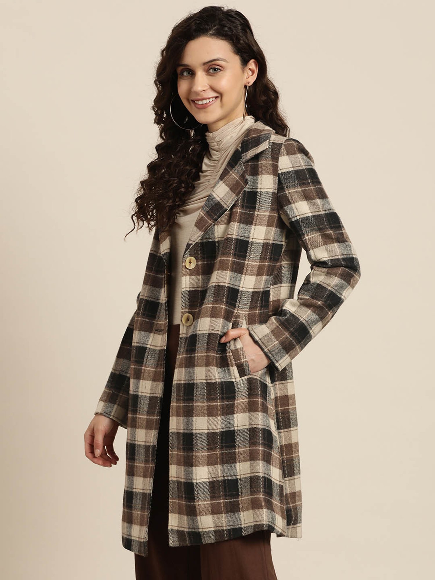Buy Qurvii Brown Wool Check Coat for Women 