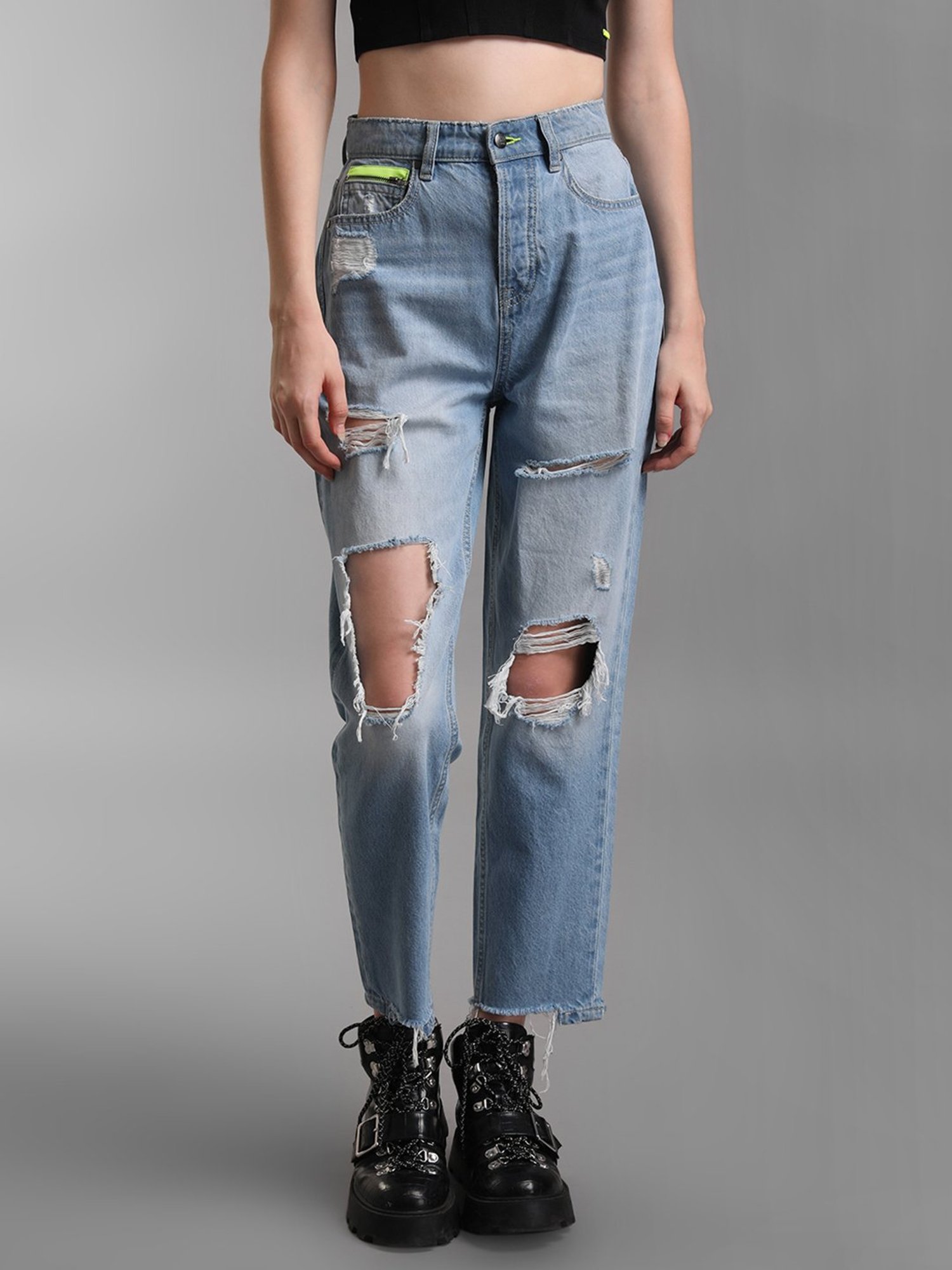Buy KZ07 by Kazo Blue Distressed Regular Fit High Rise Jeans for Women's  Online @ Tata CLiQ