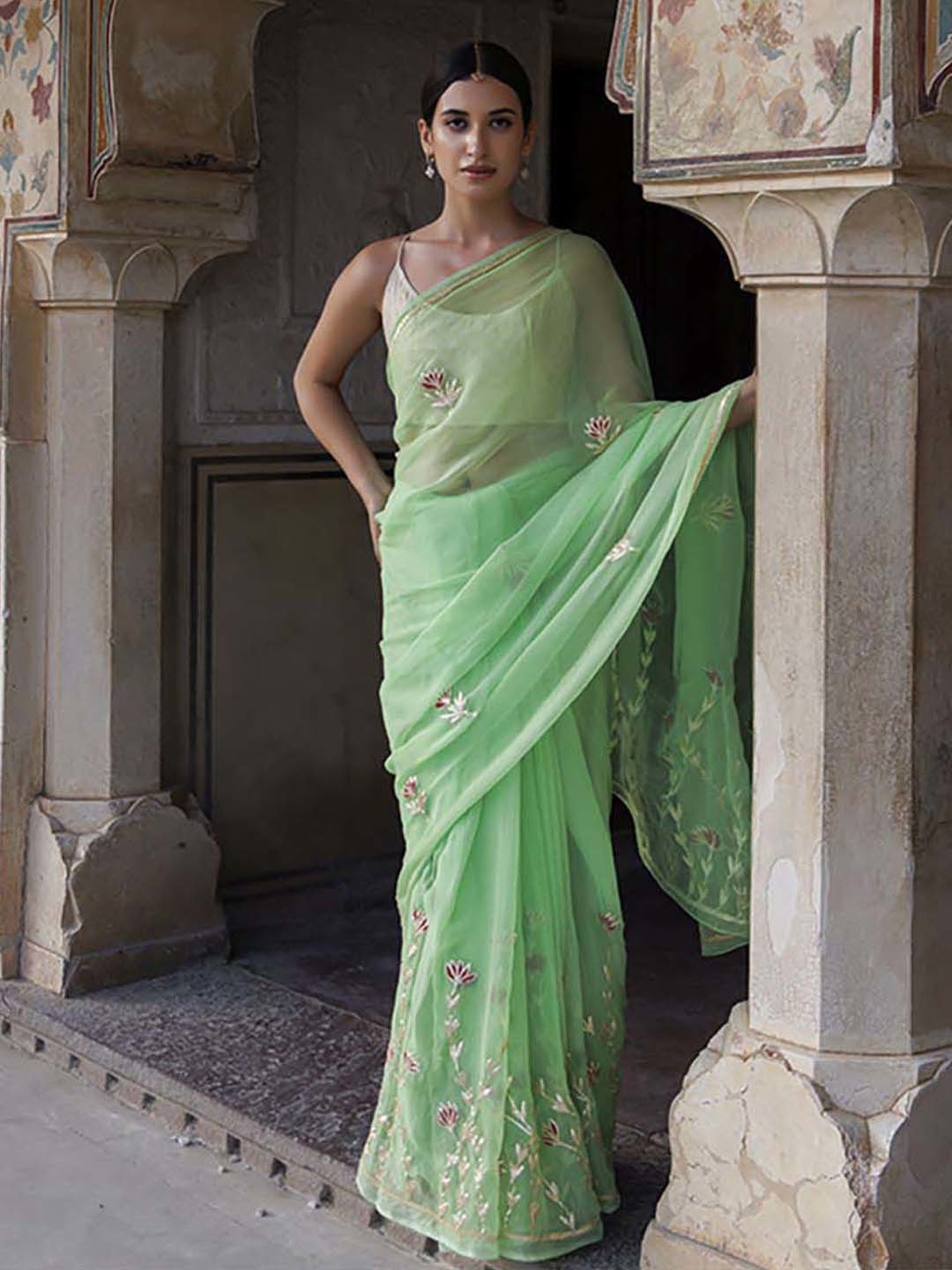 Pure Chiffon saree jaipuri lehraiya with Gotta Border Stitched Blouse M |  eBay