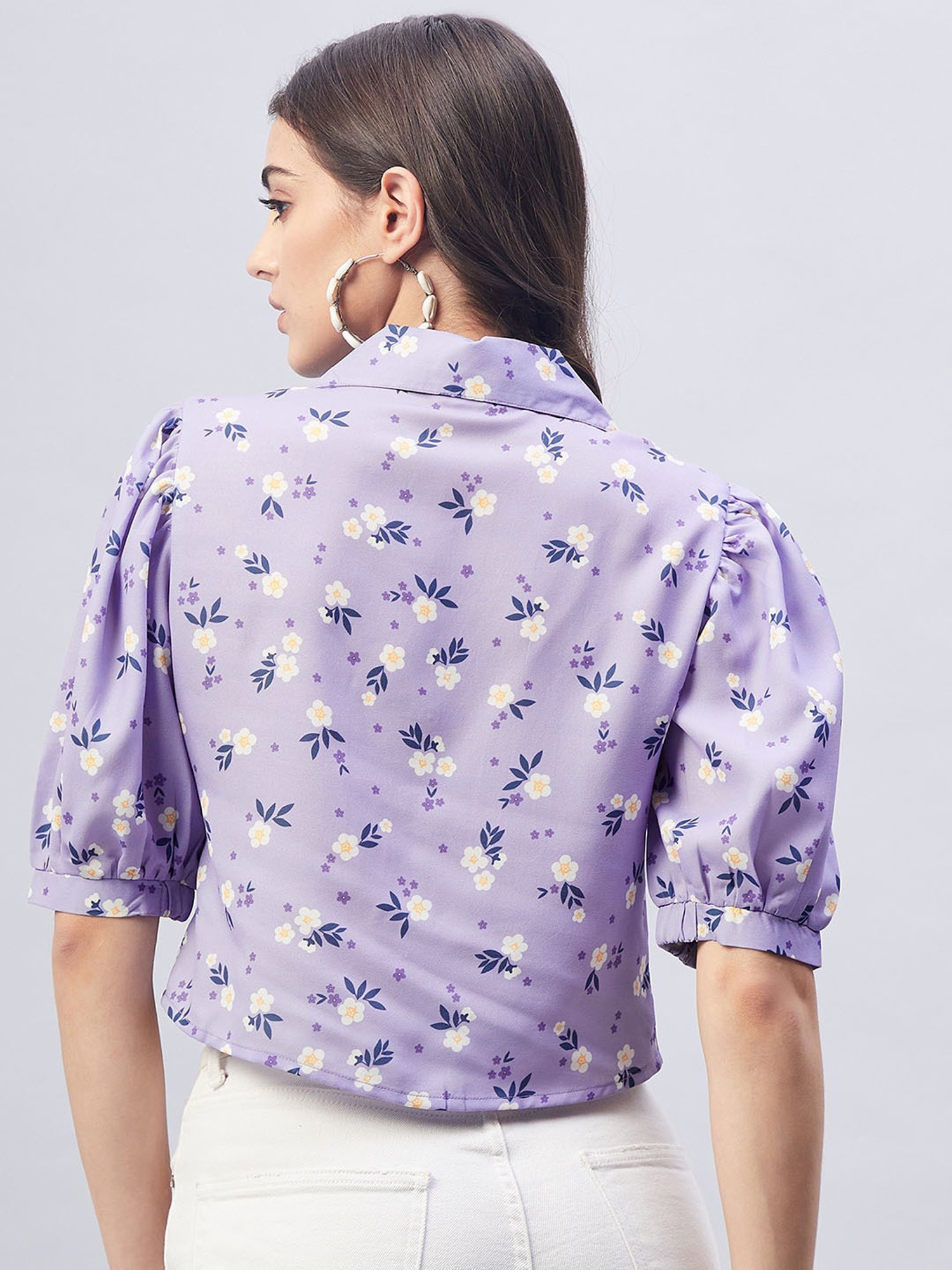 Buy Marie Claire Purple Floral Print Shirt Style Crop Top for