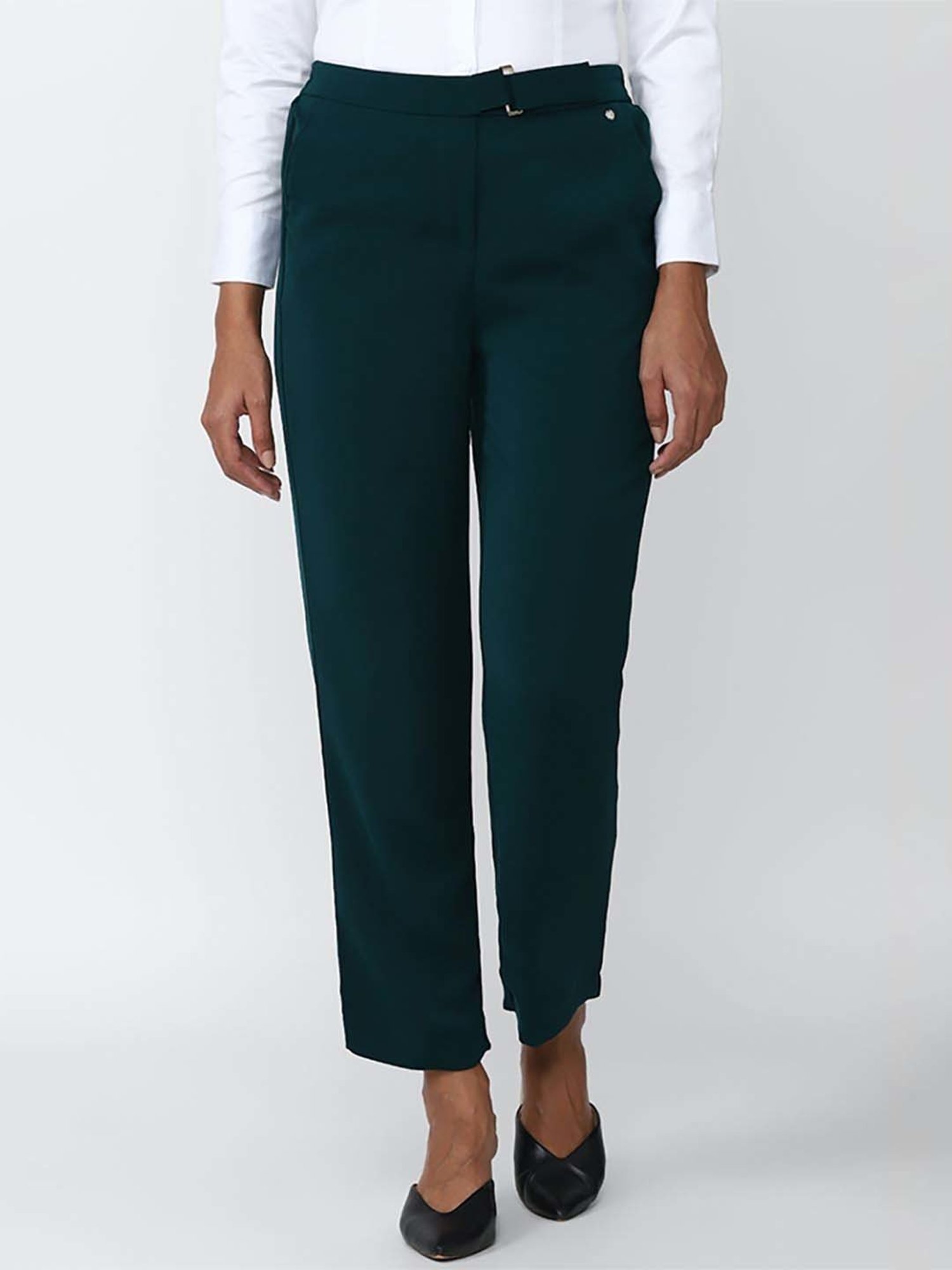 Buy Dark Green Solid Women Slim Pants Online - Shop for W