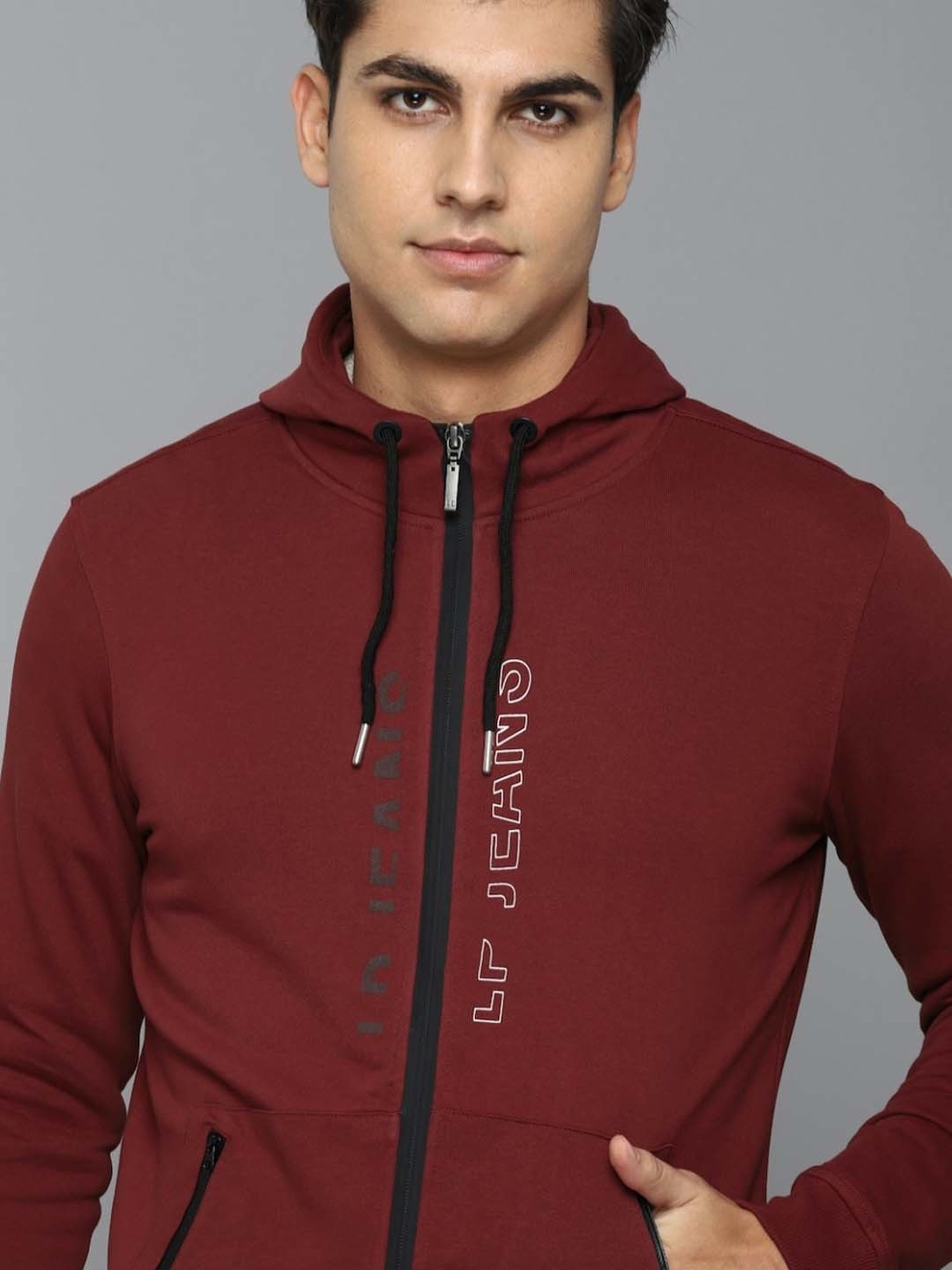 Buy Louis Philippe Jeans Maroon Cotton Printed Hooded SweatShirt