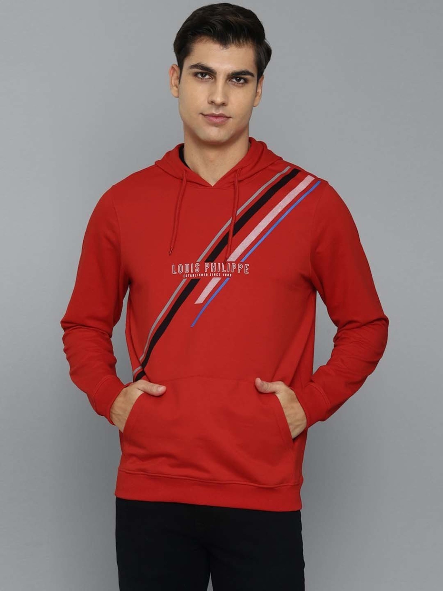 Louis Philippe Sport Red Regular Fit Printed Hooded Sweatshirt
