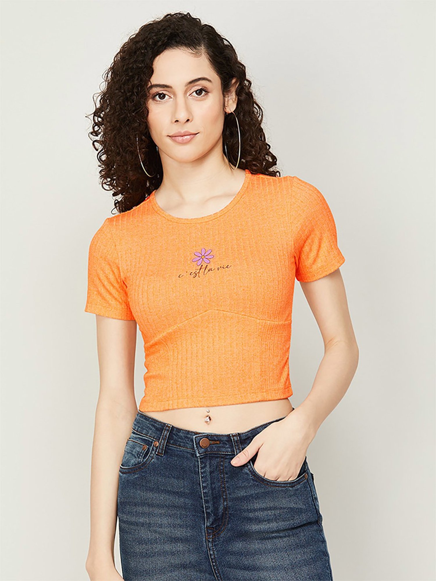 Buy Ginger by Lifestyle Orange Regular Fit Crop Top for Women
