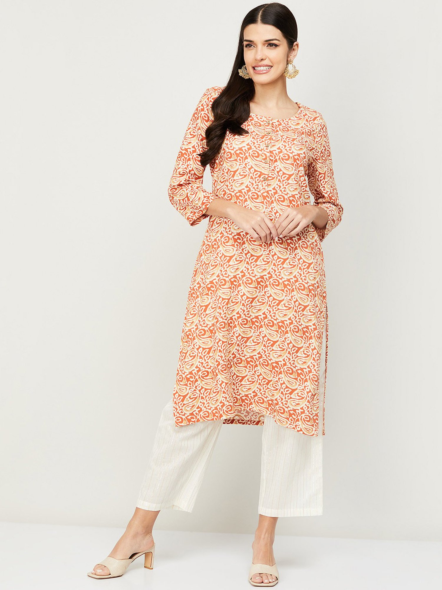 Pink Floral Print Cotton Kurta with Chikankari Yoke Embroidery  Saffron  Threads