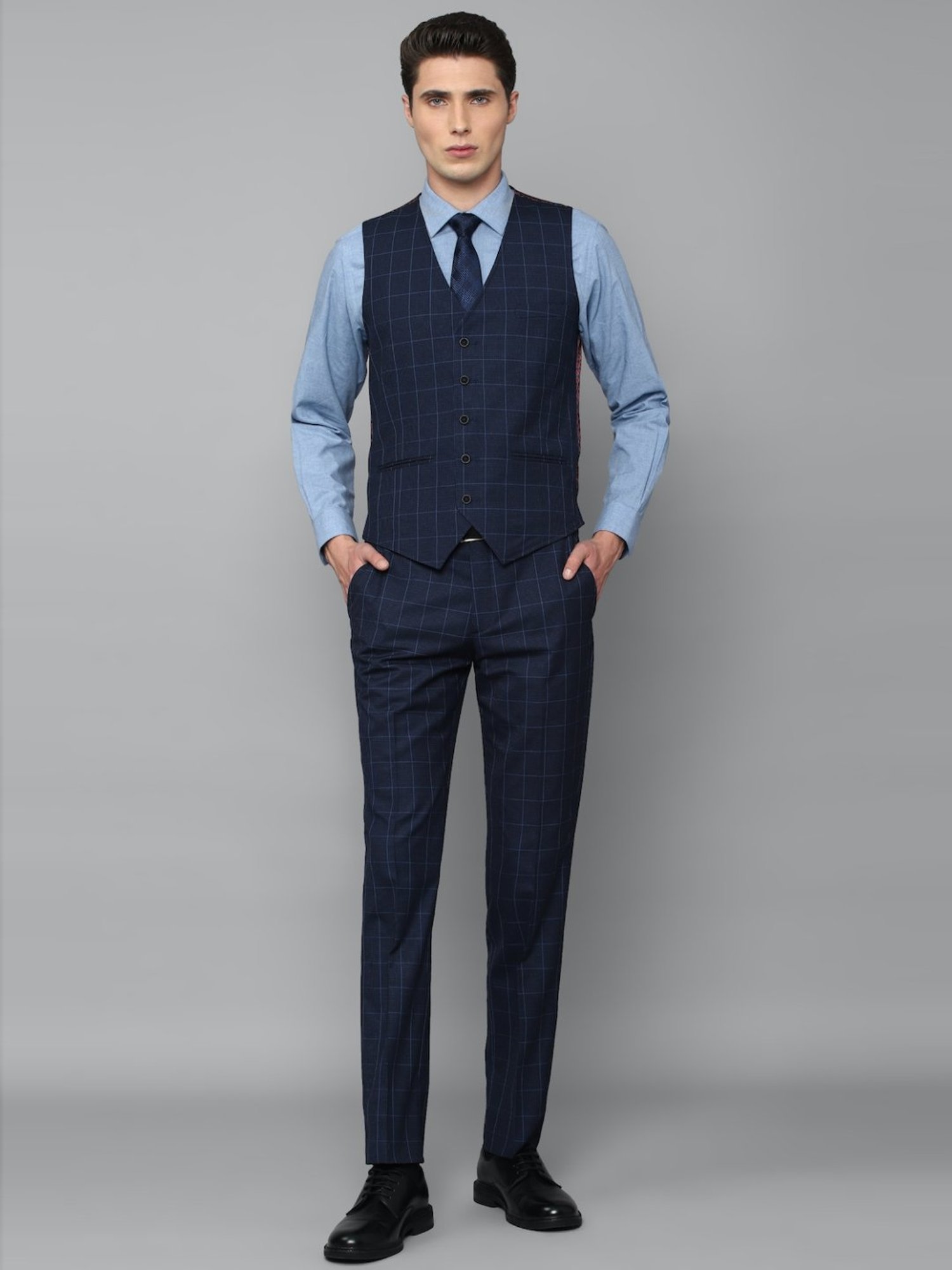 Louis Philippe Blue Slim Fit Checks Three Piece Suits