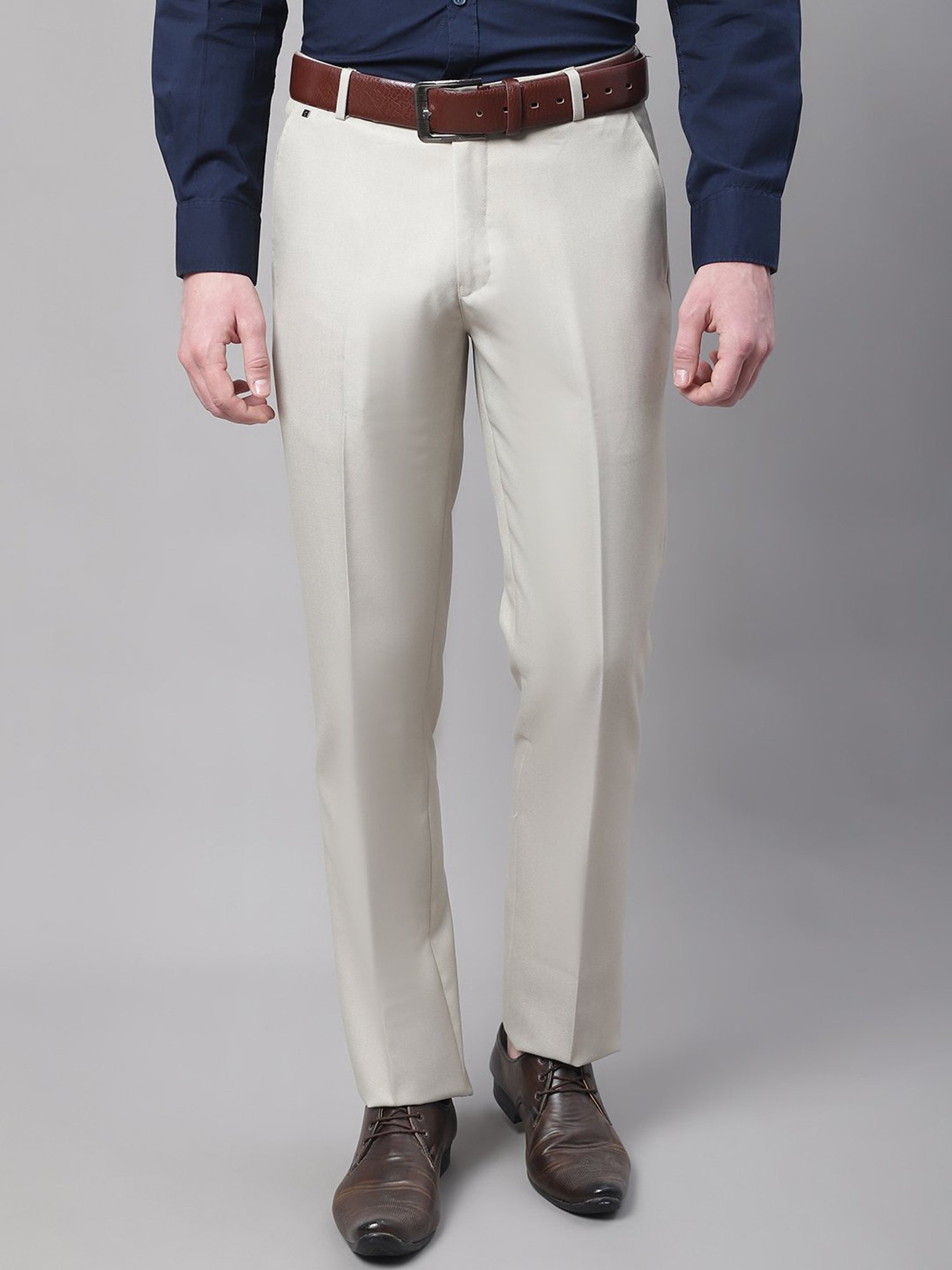 Cantabil Grey Regular Fit Self Design Flat Front Trousers