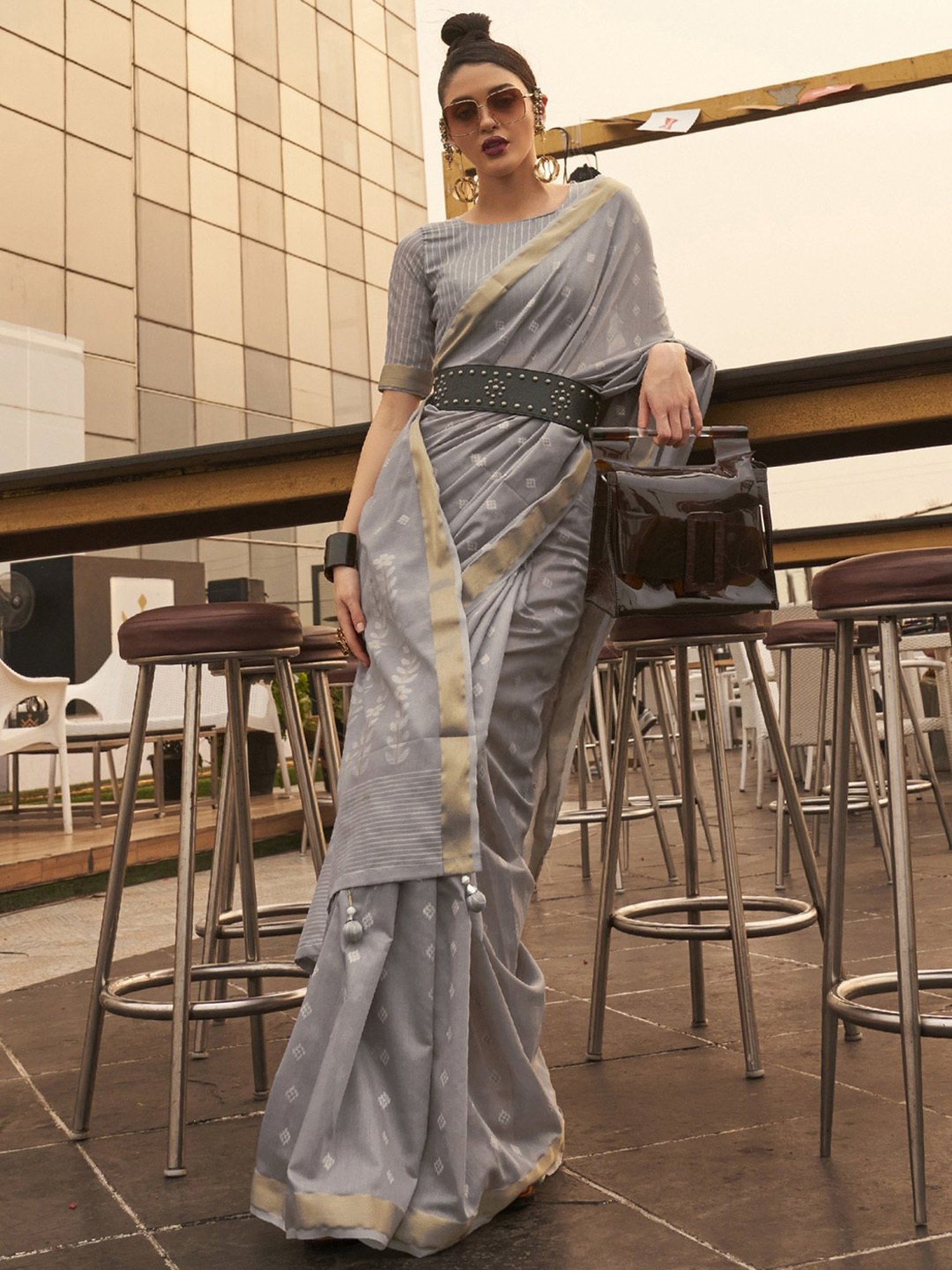 Buy Gray Butterfly Mono Net Sequence Work Saree With Blouse