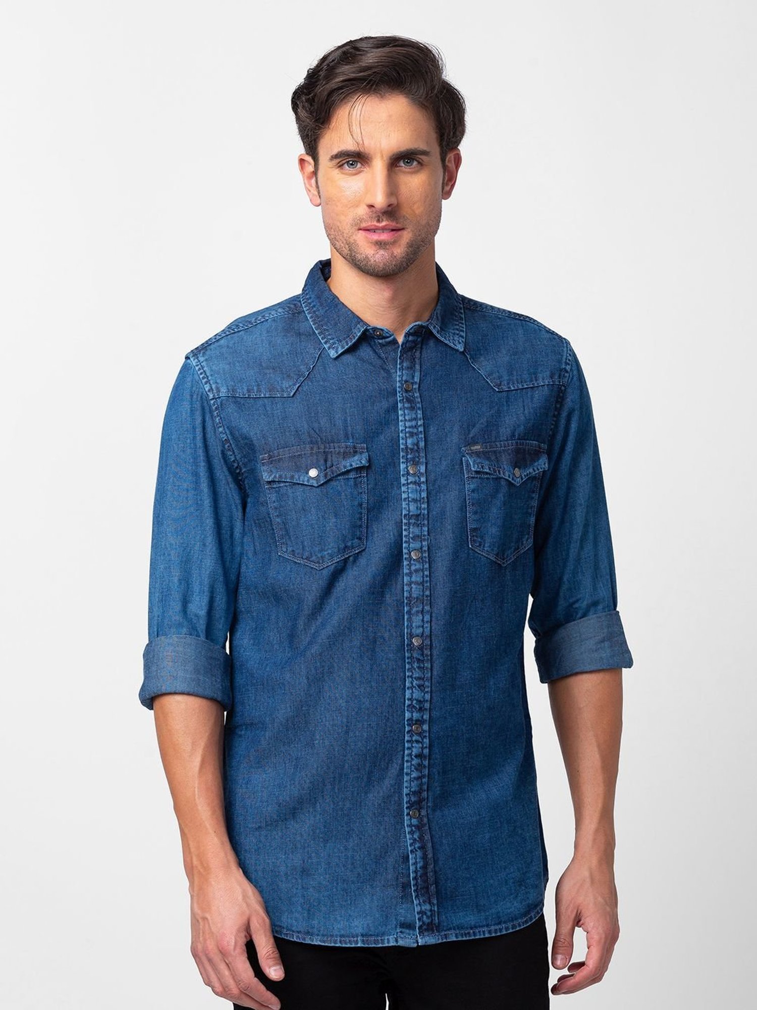 Buy Spykar Blue Cotton Slim Fit Distressed Denim Shirt for Mens Online @  Tata CLiQ