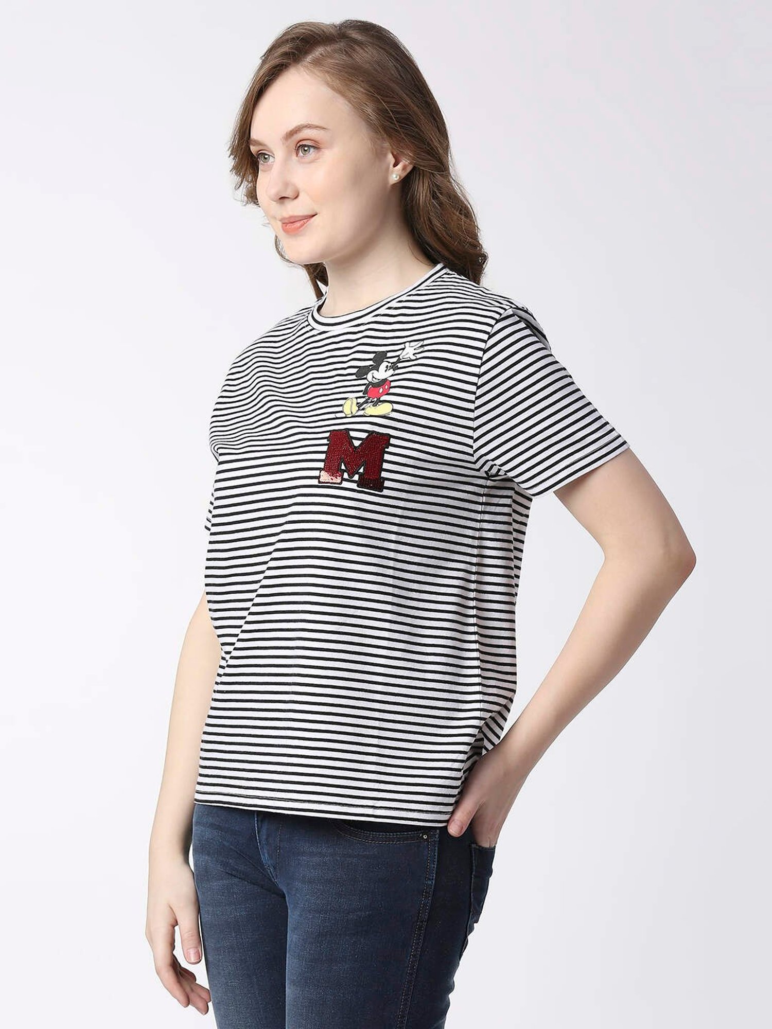 Buy Pepe Jeans Black & White Striped T-Shirt for Women's Online @ Tata CLiQ