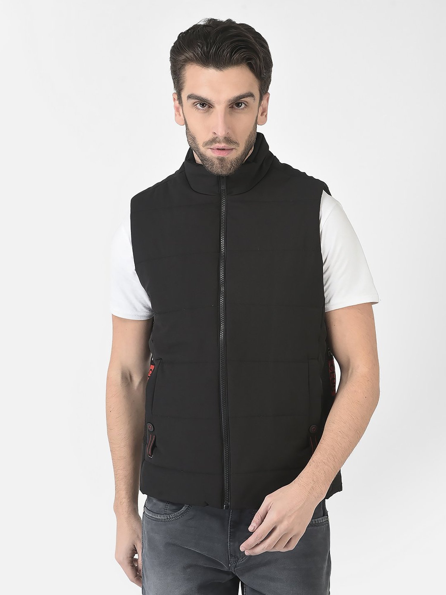 Buy Men Black Check Stand Collar Sleeveless Jackets Online in India - Monte  Carlo