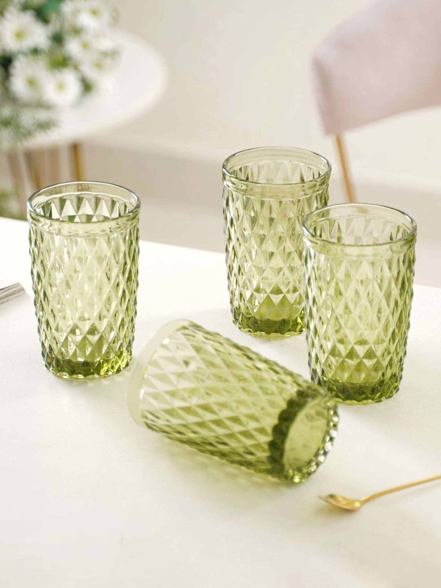 Buy Nestasia diamond textured green crystal drinkware set at Best