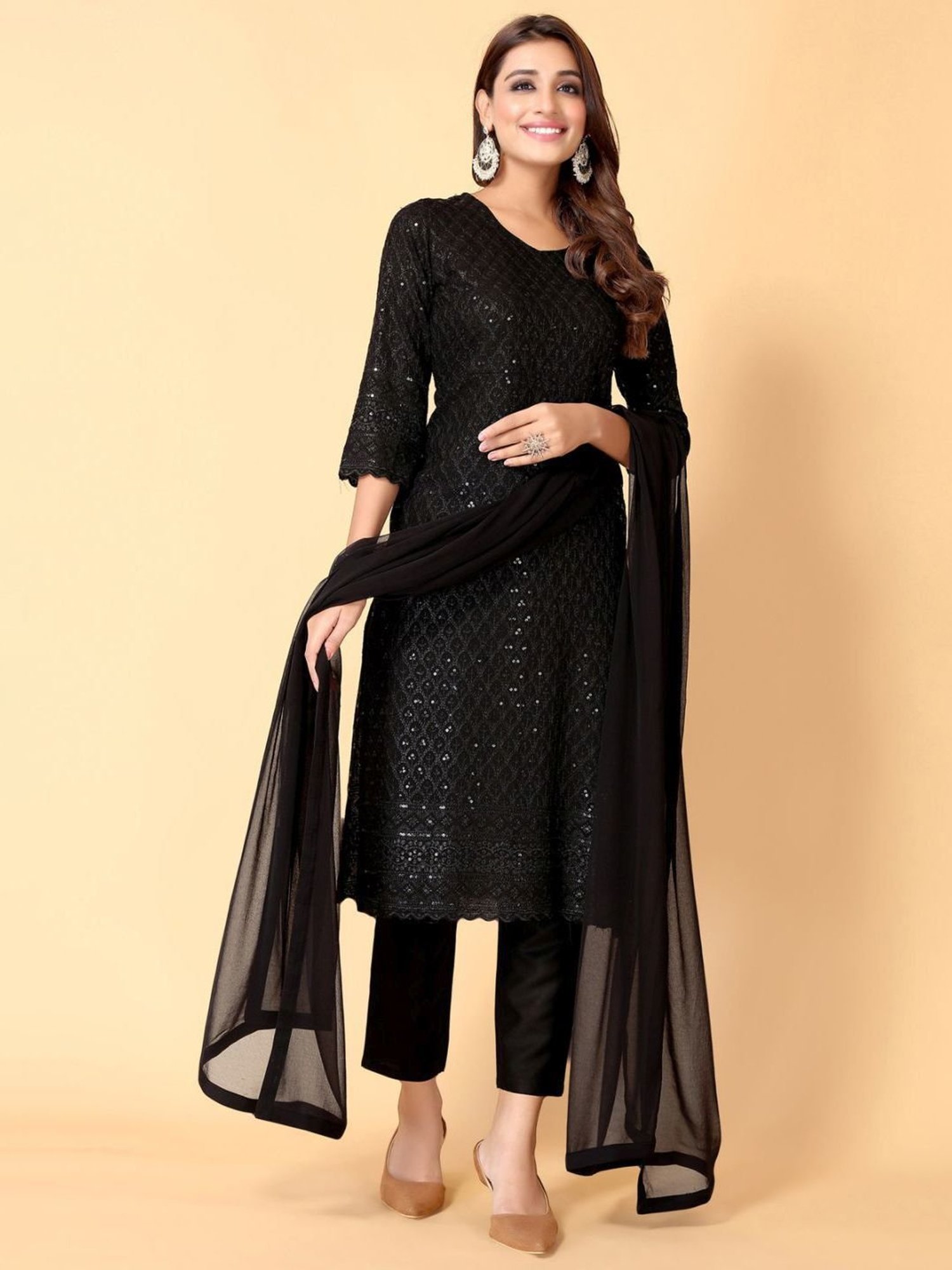 Skylee Black Embroidered Kurta Pant Set With Dupatta