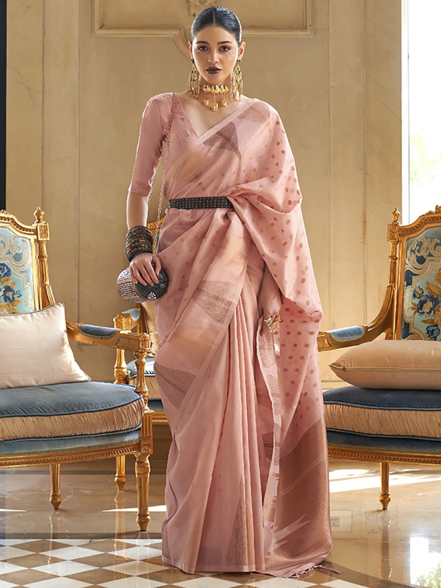 SAREE MALL Women's silk Pink Woven Design Celebrity Saree With Blouse Piece  - Sareemall - 3916519