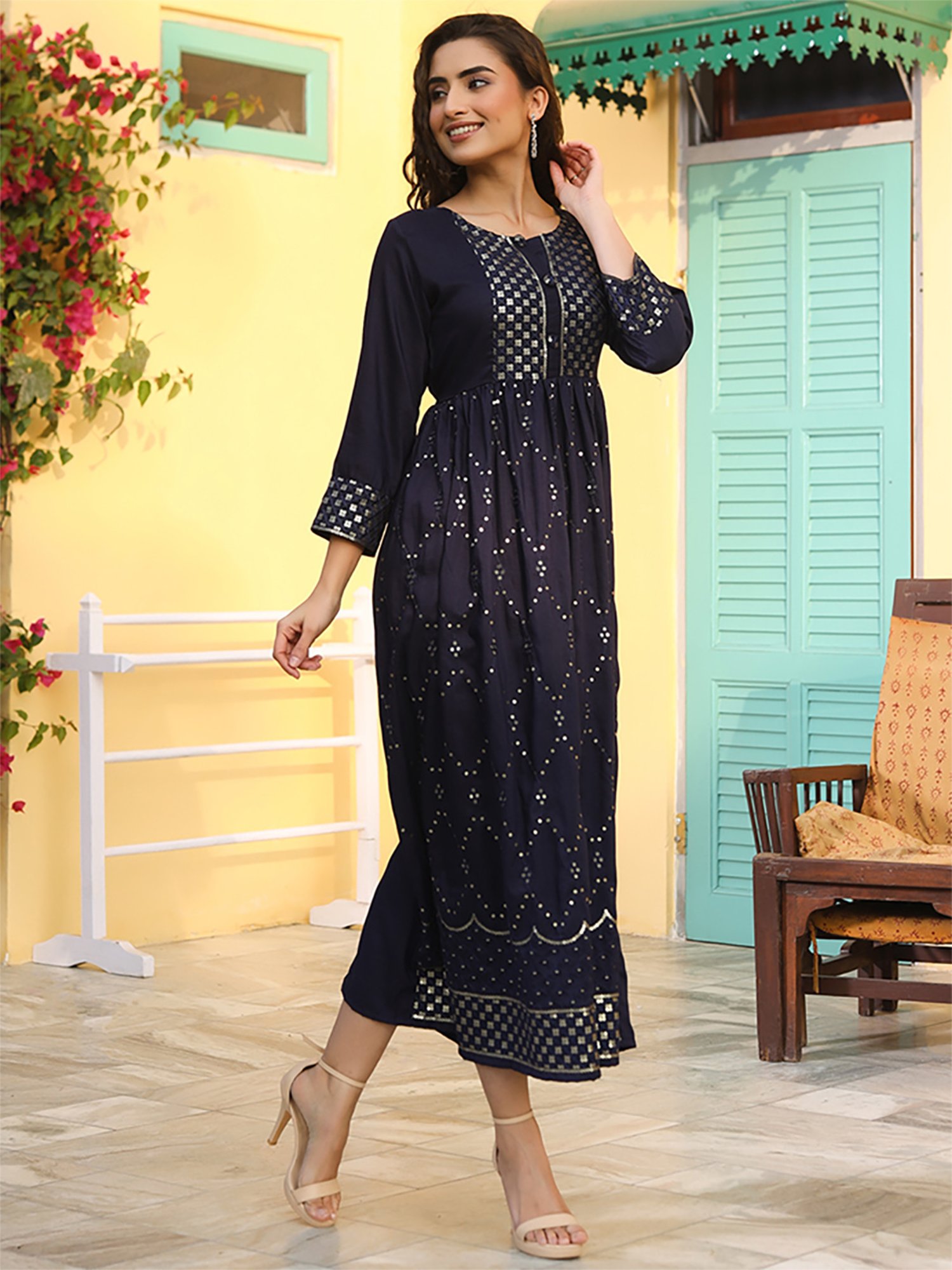 Buy Juniper Navy Cotton Embellished A-Line Dress for Women