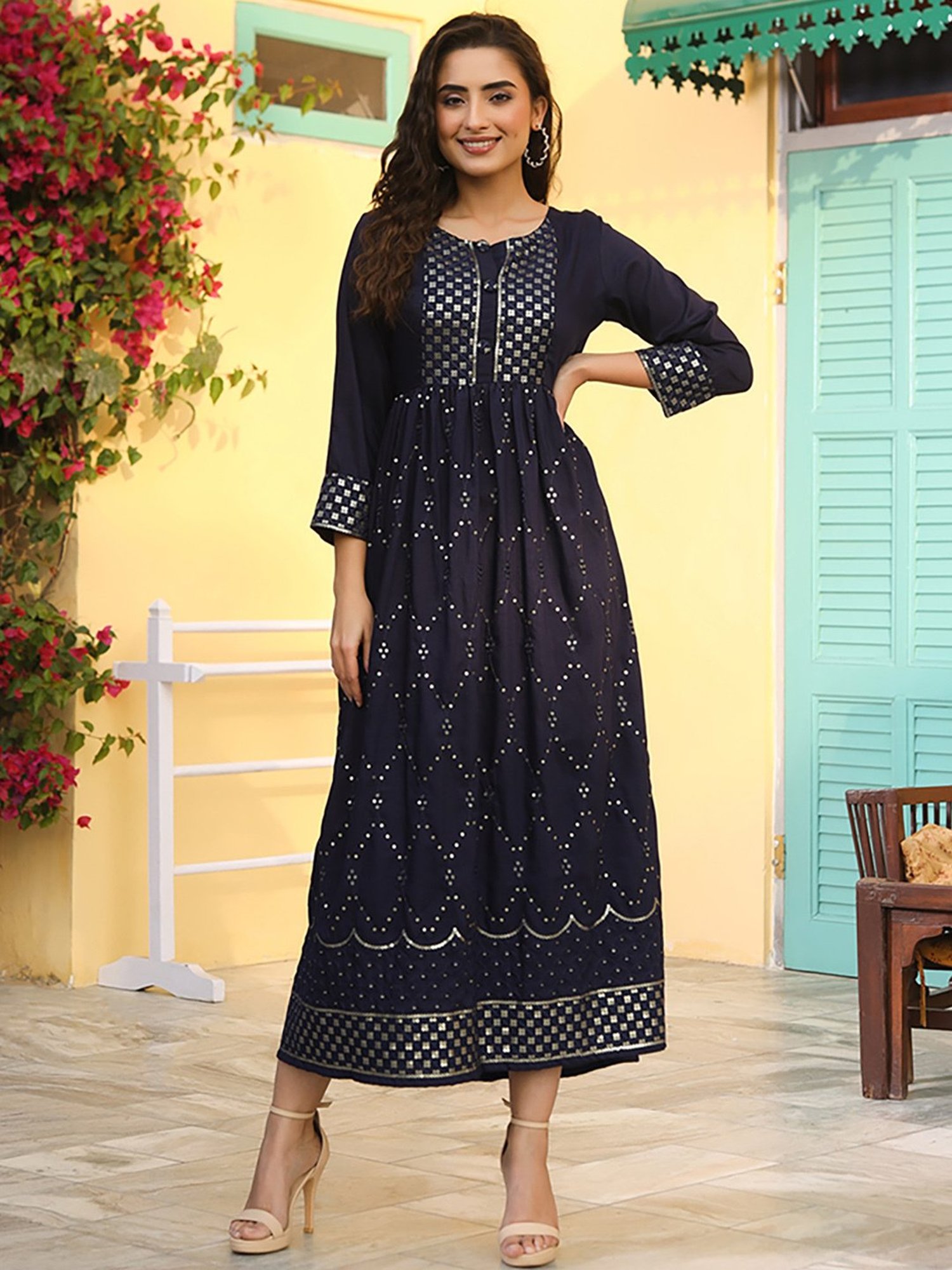 CARAMEL JUNIPER DRESS（NAVY） Buy Juniper Navy Cotton Embellished A-Line Dress for Women