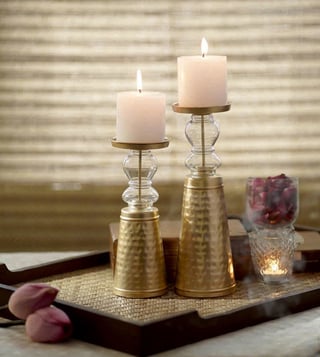 Buy Courtyard Gold Metal & Glass Hansa Candle Stand - Set of 2