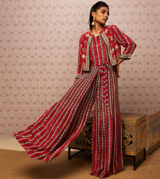 Buy Red Gathered Jumpsuit With A Printed Tunic Jacket Online for Women by  AAYUSHI MANIAR - 3825426
