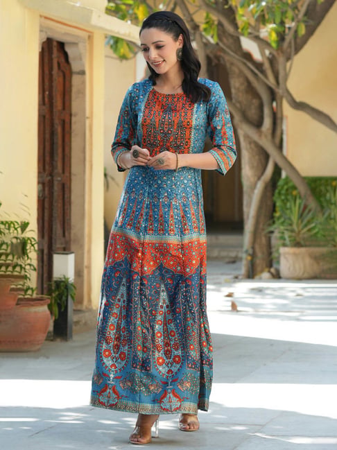 a line anarkali dress Ethnic Lotus Printed A-Line Anarkali Kurta with Palazzo