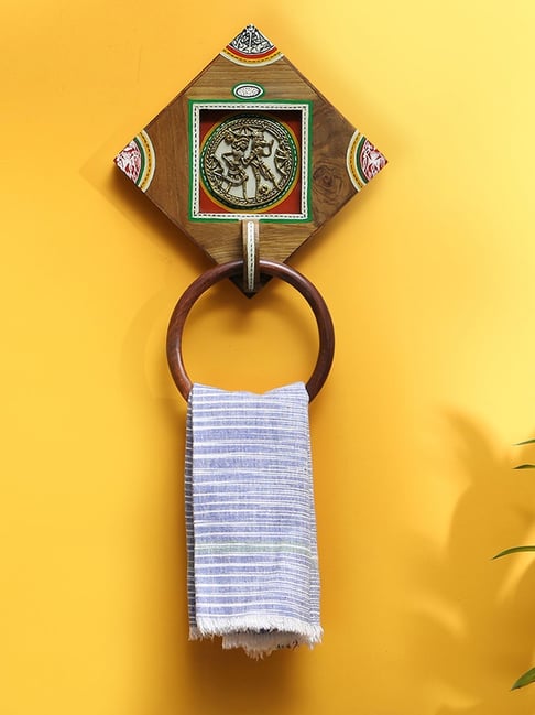 ExclusiveLane 'Brass-y On Wood' Warli Hand-Painted Dhokra Towel Holder In Sheesham Wood