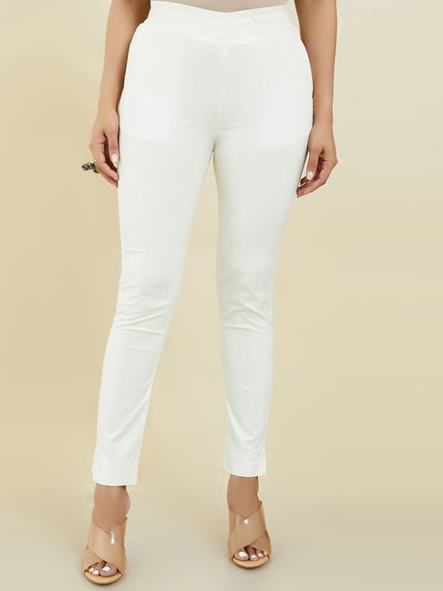 POPWINGS Women's Solid Cigarette White Trousers & Pants