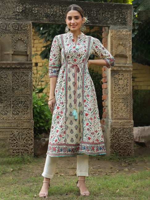 Juniper Beige Floral Printed Pure Cotton Flared Kurta-picture-10