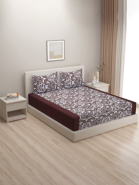 Swayam   Floral Brown & White 200 TC Cotton King Bedsheet with 2 Pillow Covers-picture-10
