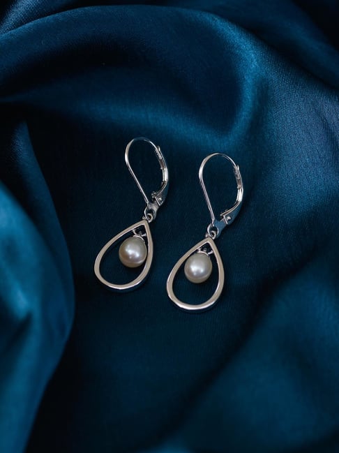925 Silver Freshwater Pearl Drop Hoops Earrings for Women & Girls