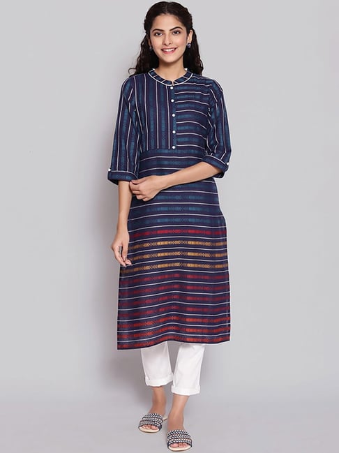 Aurelia Blue Cotton Striped Straight Kurta