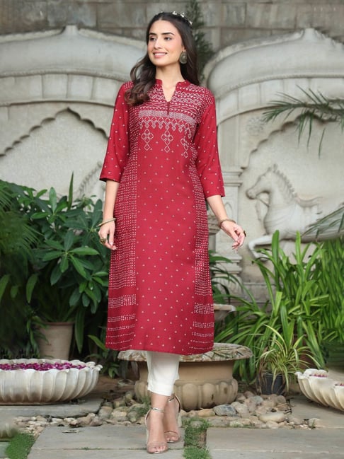 Juniper Maroon Printed Straight Kurta