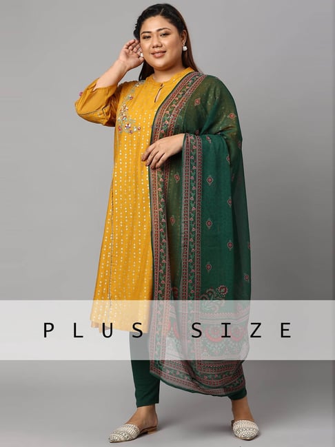 W Mustard & Green Printed Kurta Leggings Set With Dupatta