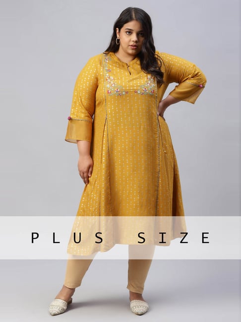 W Mustard Printed A Line Kurta