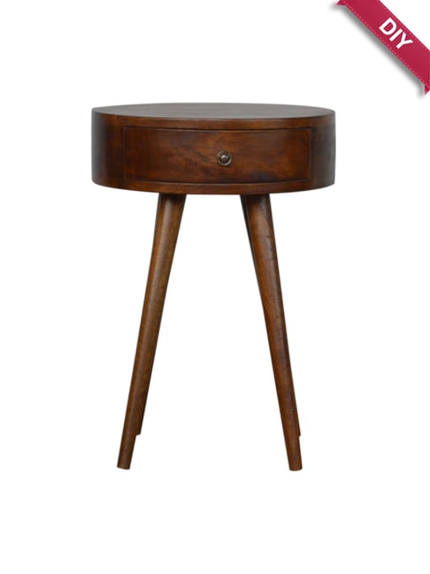 Artisan Furniture Solid Brown Mango Wood Circular Shaped Side Table Chestnut Finish