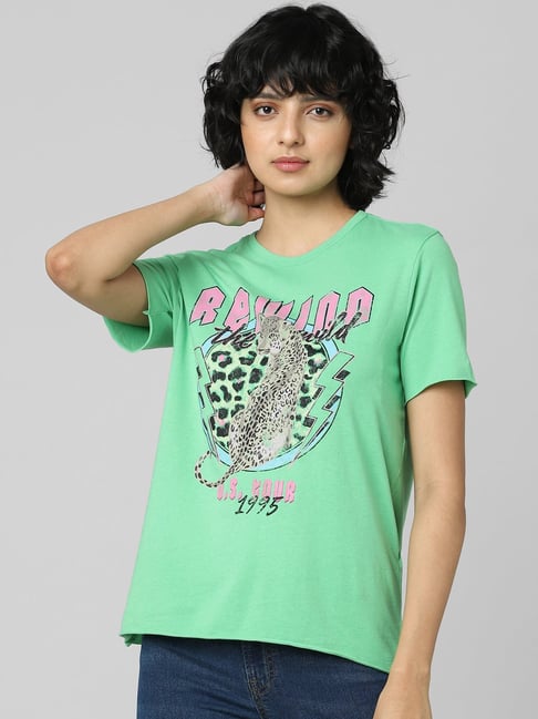 Only Green Cotton Printed T-Shirt