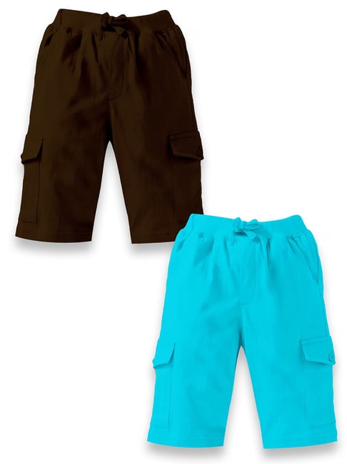 Kiddopanti Kids Brown & Aqua Blue Solid Shorts (Pack Of 2)-picture-33