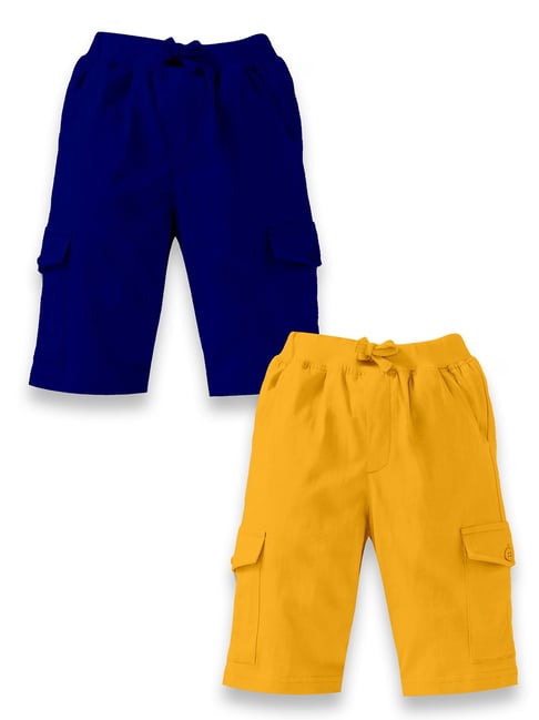 Kiddopanti Kids Royal Blue & Mustard Solid Cargo Shorts (Pack Of 2)-picture-15