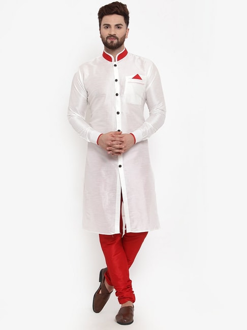 Benstoke White &amp; Red Regular Fit Sherwani Set